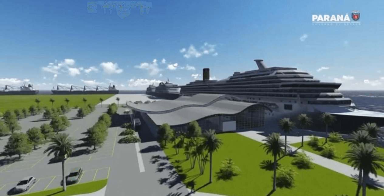 Projeção arquitetônica do novo Terminal de Passageiros de Cruzeiros do Porto de Paranaguá, com áreas de acesso e estrutura de recepção turística.